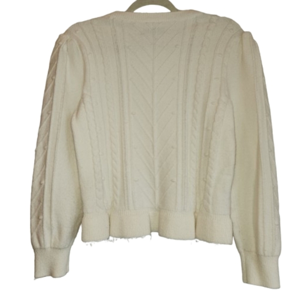 Loft White Bobble-Knit  Sweater Ruffle Hem & Puff Shoulders Size L Minimalist - Picture 2 of 11